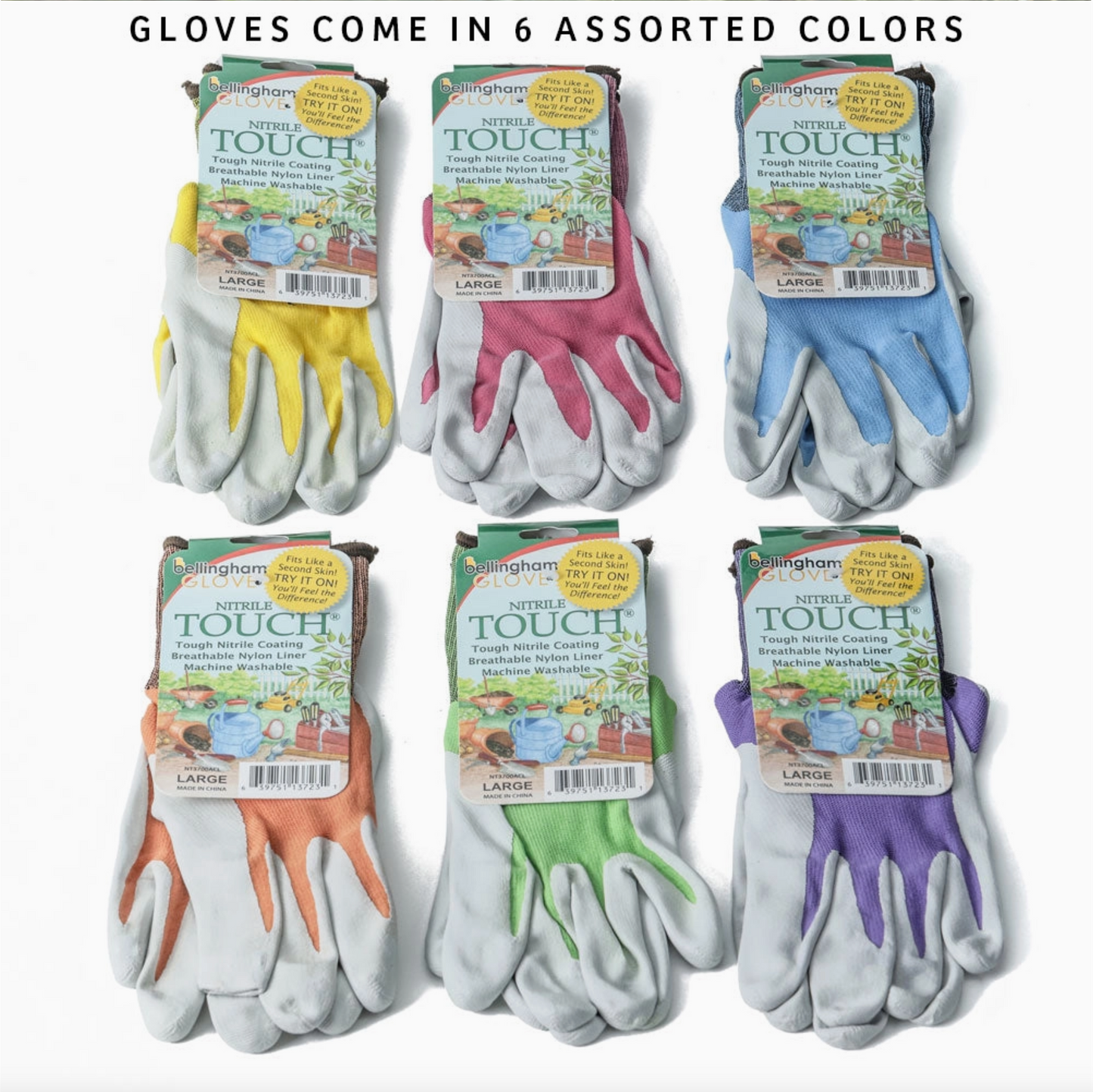 Nitrile Touch Gardening Gloves Size LARGE Assorted Colors