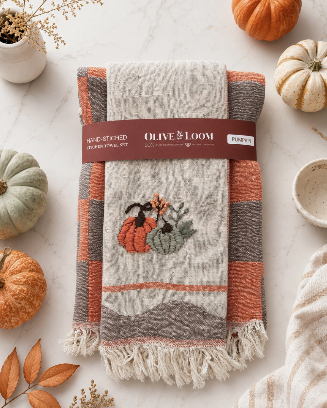 Hand Stitched Kitchen Towel Fall